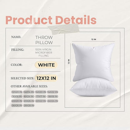 Utopia Bedding 12x12 Pillow Inserts, Set of 2, White – Indoor Decorative Throw Pillows for Bed, Sofa & Couch – Soft, Supportive & Fluffy Cushion Inserts