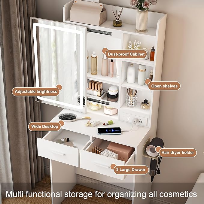 Vanity Desk with Mirror and Lights - Small Makeup Vanity Table Set with Power Outlet, Storage Drawers & Chair, 3 Lighting Modes & Adjustable Brightness, Dressing Table for Women Girls Bedroom, White