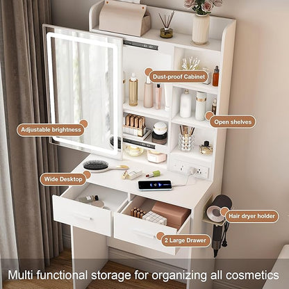 Vanity Desk with Mirror and Lights - Small Makeup Vanity Table Set with Power Outlet, Storage Drawers & Chair, 3 Lighting Modes & Adjustable Brightness, Dressing Table for Women Girls Bedroom, White