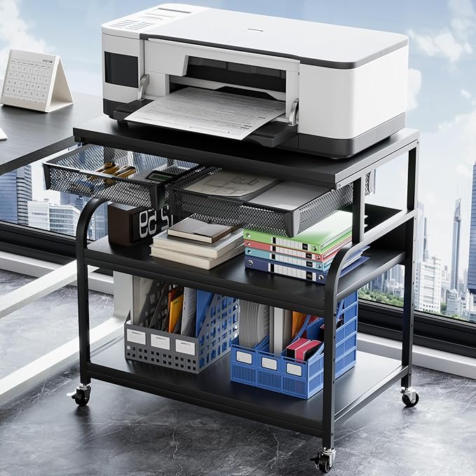 EasyCom 32.3"x18.9" Extra Large Printer Stand with Double Drawers, 5-Adjustable Heights 3 Tier Table with Wheels, Rolling Printer Cart with Storage for Printer Scanner Fax Home Office Use