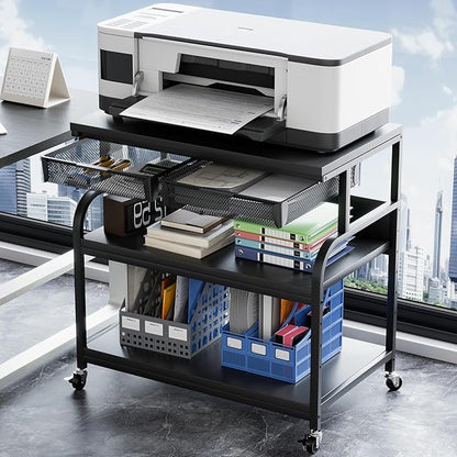 EasyCom 32.3"x18.9" Extra Large Printer Stand with Double Drawers, 5-Adjustable Heights 3 Tier Table with Wheels, Rolling Printer Cart with Storage for Printer Scanner Fax Home Office Use