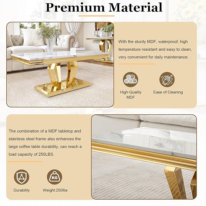 Modern Marble Coffee Table, 47" Living Room Table with Diamond-Shape Stainless Steel Base and Thickened Faux Marble Top for Living Room, Bedroom, Lounge (Gold,White)