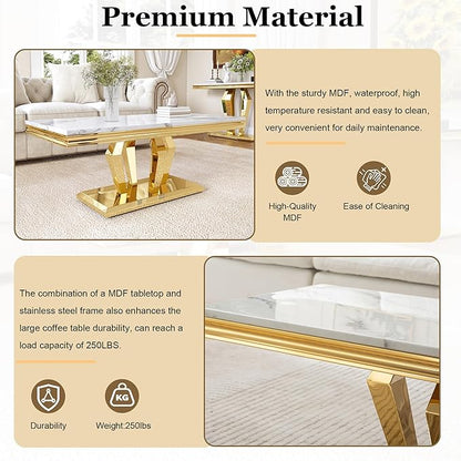 Modern Marble Coffee Table, 47" Living Room Table with Diamond-Shape Stainless Steel Base and Thickened Faux Marble Top for Living Room, Bedroom, Lounge (Gold,White)