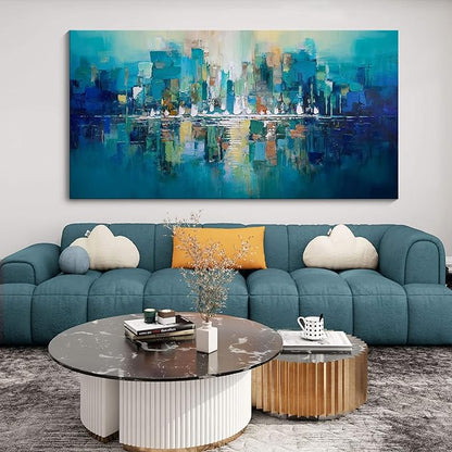 YDYSUNE Large Canvas Wall Art for Living Room - Abstract Wall Decor City View Framed Picture Artwork for Decorative Paintings Teal and White Modern Office Bedroom Art Size 29x58inch