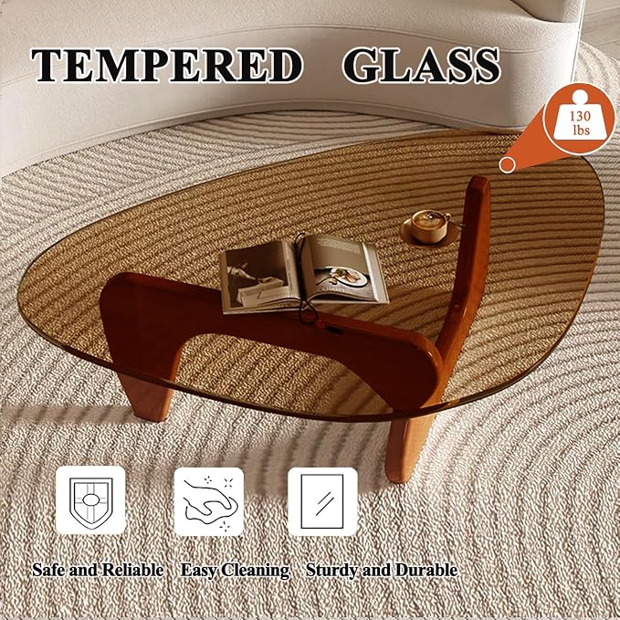 Mid Century Modern Glass Coffee Table, Coffee Table for Living Room, Noguchi Coffee Tables,Suitable for Bedroom Living Room Reception Office Tables (Walnut/Brown, ML)