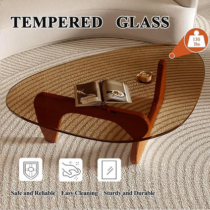 Mid Century Modern Glass Coffee Table, Coffee Table for Living Room, Noguchi Coffee Tables,Suitable for Bedroom Living Room Reception Office Tables (Walnut/Brown, ML)