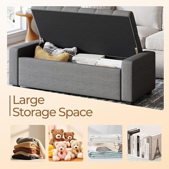 Storage Ottoman Bench,Large Entryway Ottoman with Storage, Rectangular Bench with Cushion and Safety Hinge for Living Room Bedroom,Darkgray