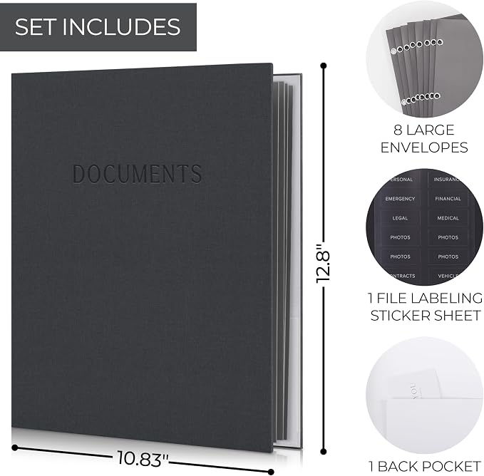 Important Document Organizer Set with Folders - Complete Linen Ring Binder Set Safely Stores All Documents & Files in One Place - Easy to Use Expanding Storage Incl. Envelopes, Pockets & Labels