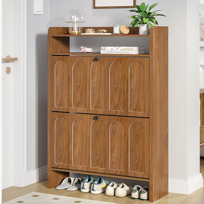 Shoe Storage Cabinet for Entryway with 2 Flip Drawers, Narrow Shoe Cabinet with Open Storage for Entryway