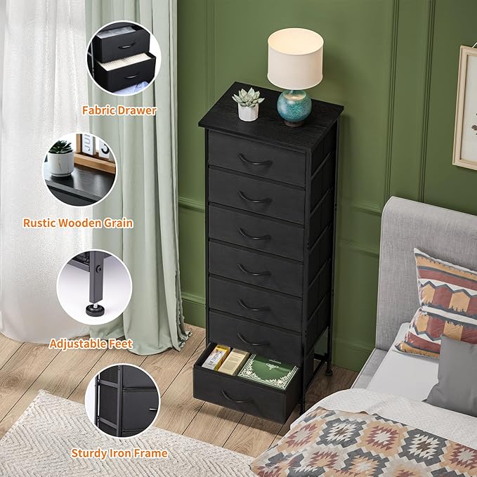 Fixwal Black Tall Skinny Dresser for Bedroom, Narrow Storage Dresser Organizer with 7 Fabric Drawers, Nightstand Furniture in Closet, Entryway, Hallway
