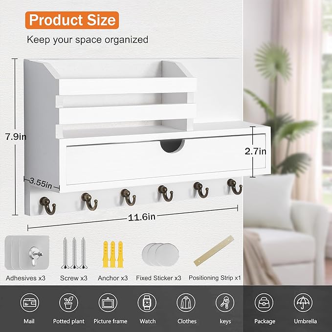 Key and Mail Holder for Wall, Mail Organizer Wall Mount with 6 Hooks and Storage Drawer, Wooden Key Rack Hanger with Shelf for Entryway and Home Decor
