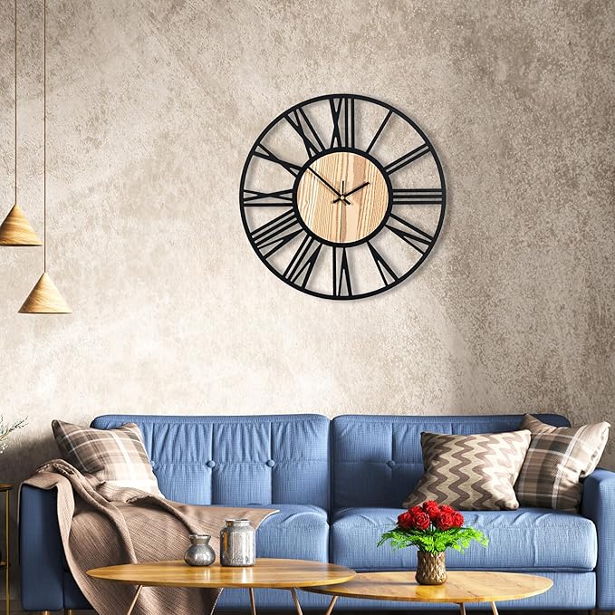 Blorple 20inch/50cm Large Wall Clocks for Living Room Decor,Bedroom,Battery Operated,Metal,Decorative,Analog,Silent,Non Ticking Big Wall Clock(Wooden Roman Numerals, 20 inches)
