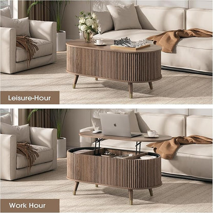 JOINICE 42.5" Oval Lift Top Coffee Table with Storage, Mid Century Modern Walnut Center Table with Fluted Design, Solid Wood Legs & Hidden Compartment, Pop Up Coffee Table for Living Room