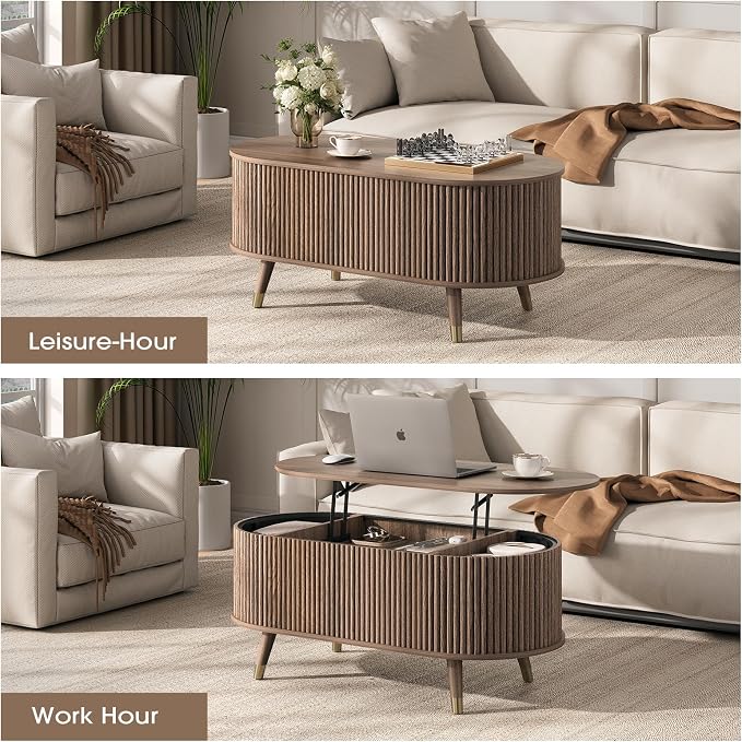 Oval Coffee Table with Storage, 42.5” Fluted Coffee Table with Lifting Top & Solid Wood Legs, Modern Lift Up Center Table for Living Room, Home Office, Walnut