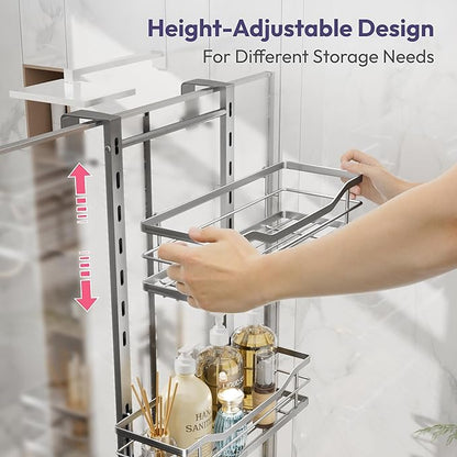 SWTYMIKI Over the Door Shower Caddy - 3 Tier Adjustable Shower Organizer Hanging with Soap Holder, No Drilling Stainless Steel Bathroom Rack Hanging for Body Wash, Shampoo, Soap, Razor, Silver