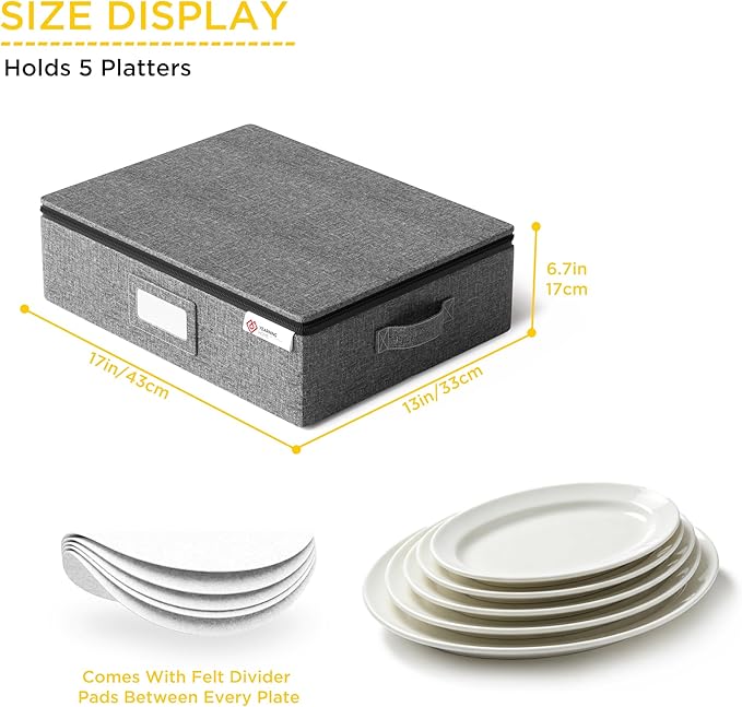 YearningHome Platter Storage Case,Hard Shell Fine China Storage Containers with Sturdy Handle and Zipper,Large Capacity with Felt Dividers for Plate,Moving and Seasonal Storage,2 Pack,Grey