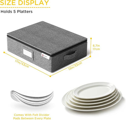 YearningHome Platter Storage Case,Hard Shell Fine China Storage Containers with Sturdy Handle and Zipper,Large Capacity with Felt Dividers for Plate,Moving and Seasonal Storage,2 Pack,Grey