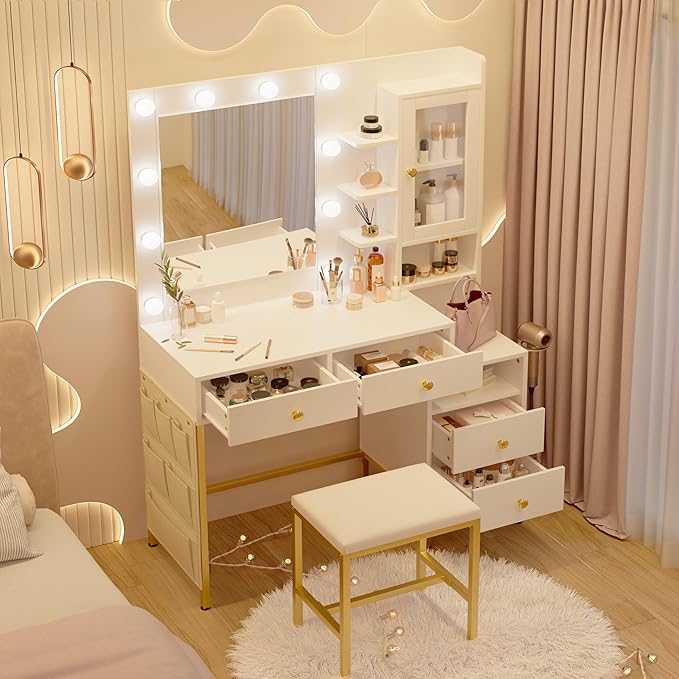 KAMABOKO White Modern Vanity Desk with Mirror & Lights, Makeup Vanity Table with 4 Drawers, 1 Glass Cabinet, 3 Lighting Color Adjustable, Girls Dressing with Stools for Bedroom
