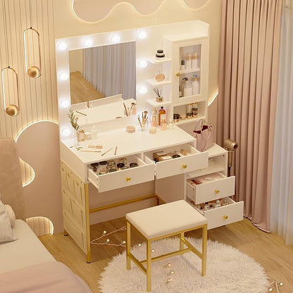 KAMABOKO White Modern Vanity Desk with Mirror & Lights, Makeup Vanity Table with 4 Drawers, 1 Glass Cabinet, 3 Lighting Color Adjustable, Girls Dressing with Stools for Bedroom