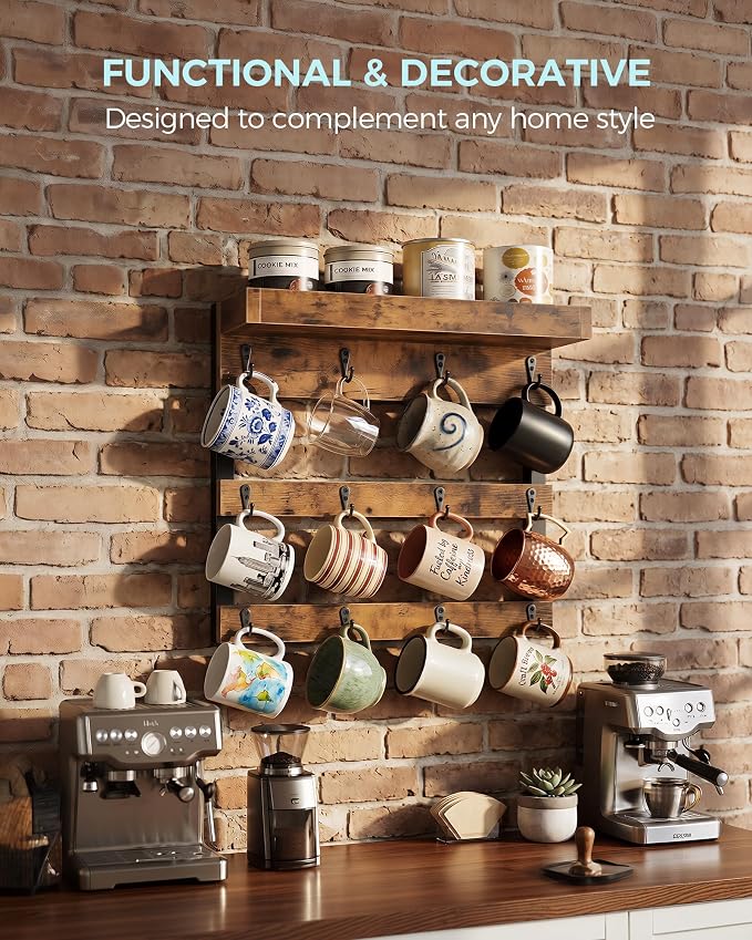 OROPY Coffee Mug Rack Wall Mounted, Rustic Wood Cups Rack with 12 Hooks and Storage Shelf, for Home Kitchen Display and Collection (Rustic Brown)