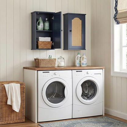Over The Toilet Storage Cabinet, Above Toilet Organizer with Rattan Door, Modern Blue Finish, 13x25 inch Space Saving Bathroom Medicine Cabinet