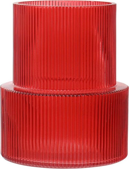 Ribbed Glass Vase, Flower Vase, Fluted Red Vases for Flowers, Modern Vases for Living Room, Dining Table, Entryway, Shelf, Wedding, Office, Coffee Table, Birthday, 7.5 Inches
