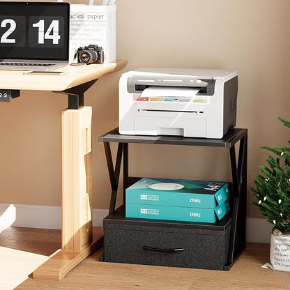 aboxoo Printer Stand for Desk with Storage Drawer, 2 Tier Desktop Or Under Desk Shelf, Multi-Purpose Desks Organizer for Home Office, fit Fax Machine/3D Printer/Scanner, Black