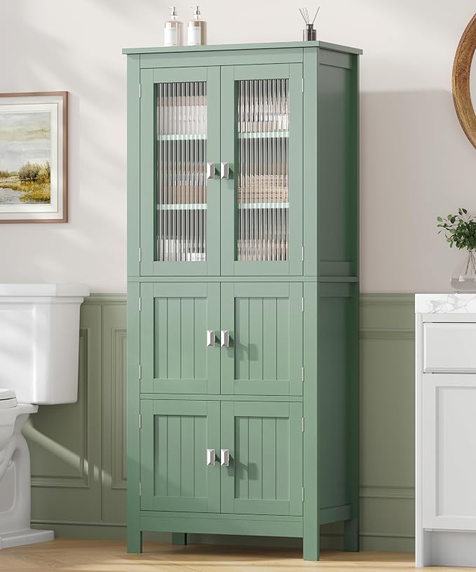 Akxomel 53.1" H Tall Bathroom Storage Cabinet, Bathroom Floor Cabinet with 6 Doors and Adjustable Shlef, Linen Cabinet, Pantry Cabinet for Living Room, Kitchen, Entryway, Green