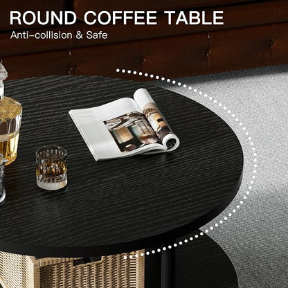 FAMIDGE Round Coffee Table, 23.6" Circle Coffee Table for Living Room, 2-Tier Wood Accent Center Table with Open Storage Industrial Design Home Furniture, Black