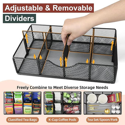 Tea Bag Organizer, Tea Bag Holder Organizer with 8-Compartment Adjustable Drawer, Wood & Metal Tea Box Organizer Chest for Countertop Kitchen, Office