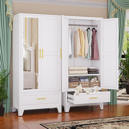 Steel Armoire Wardrobe Closet with Mirror Doors, 71" Household Wardrobe Cabinet with Hanging Rod and Drawer, Metal Clothing Storage Cabinet with Adjustable Shelf for Bedroom, Cloak, Gym(White)