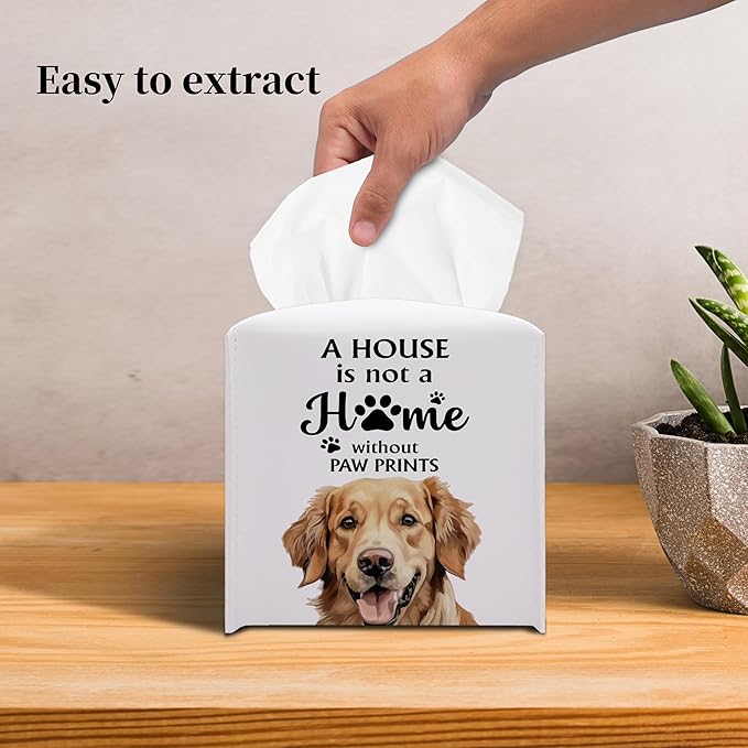 Grace Yonks Cute Golden Retriever Tissue Box Cover Square, Golden Retriever Dog Cube Case for Facial Tissues, 5.2" PU Leather(031)