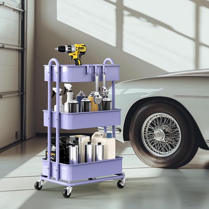 Simple Houseware 3-Tier Heavy Duty Metal Utility Rolling Cart, Purple