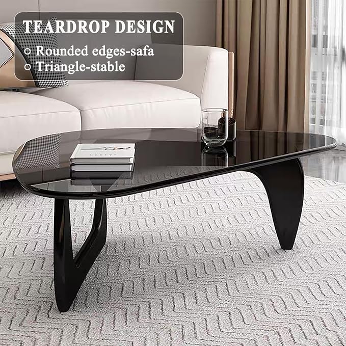 Mid Century Modern Glass Coffee Table, Coffee Table for Living Room, Noguchi Coffee Tables,Suitable for Bedroom Living Room Reception Office Tables (Black/Grey, ML)