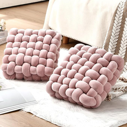 Wenqik 2 Pcs Knot Pillows Square Knotted Plush Throws Soft Accent Pillows Decoration Cushion for Couch Home Office Living Room Bedroom Bed Sofa Decor, 12'' x 13''(Haze Pink,Crystal Velvet)