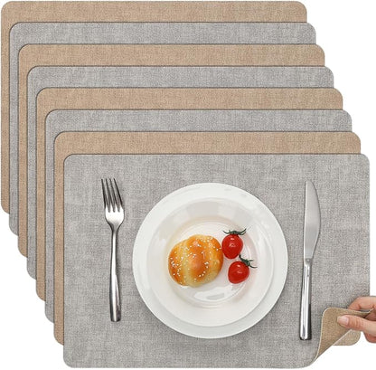 Myir JUN Reversible Vinyl Placemats Set of 8, Faux Leather Place Mats Dual Sided Waterproof Oilproof Wipeable, Heat-Resistant Table Mats for Kitchen Dining Indoor Outdoor (12" x 17", Light Gray Beige)