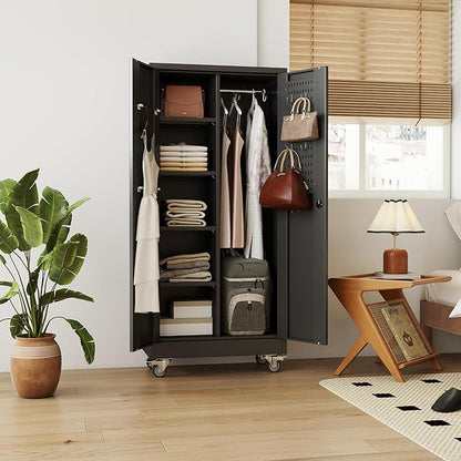 61.7"H Metal Garage Storage Cabinet with Wheels and Hanging Rod,Broom Closet Storage Cabinet with Pegboard and 4 Adjustable Shelves with 120LBS for Garage Home Office School,Required Assembly,Black