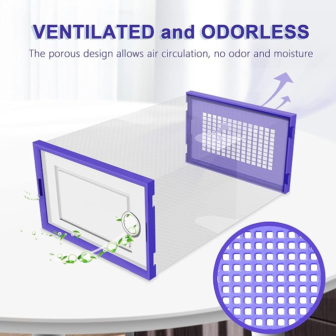 Kuject Shoe Organizers Storage Boxes for Closet, 12 Pack Clear Plastic Stackable Storage Bins with Lids, Under Bed Shoe Containers for Entryway, Drop Front, Fit up to Women's Size 10,Purple