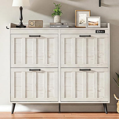 ChooChoo Shoe Storage Cabinet with 4 Flip Drawers, Deodorizing Shoe Organizer Storage for Entryway, Freestanding Hidden Slim Narrow Shoe Rack Cabinet, Antique White