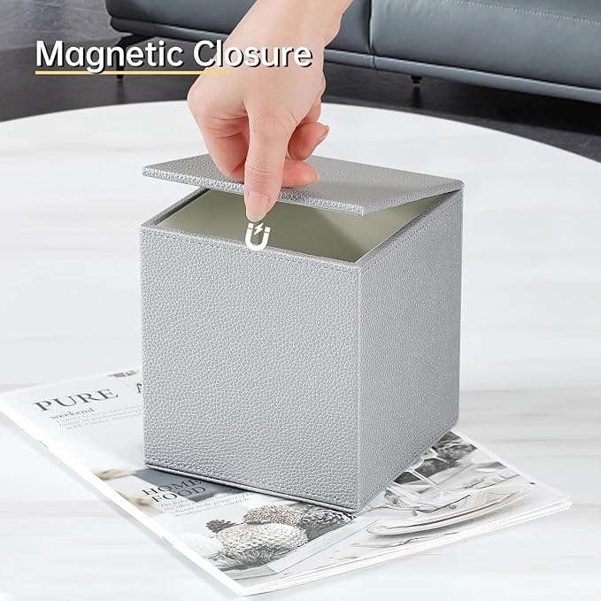 JLAMBOM PU Leather Tissue Box Cover Square Tissue Box Holder with Magnetic Closure, Decorative Tissue Holder for Bathroom Bedroom Office (Silver)