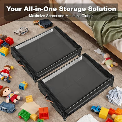 80L Larger Under Bed Storage with Wheels, 2-Pack XXL Underbed Shoe Storage with Clear Lid, Easy Pull-out Rolling Under Bed Storage Containers, Underbed Storage Bins for Clothes, Shoes, Black
