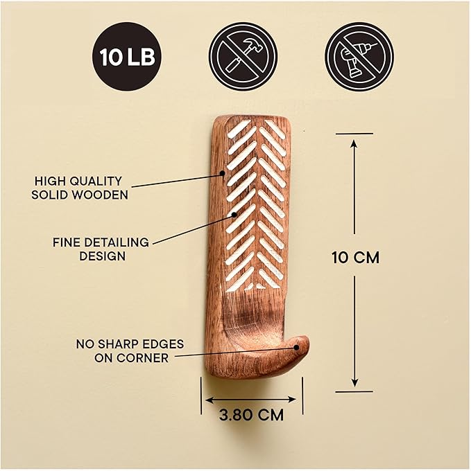 Indian Shelf Boho Decorative Wood Adhesive Wall Hooks for Hanging Coats, Keys, Leash, Hat, Towel Holder, Cute Sticky Key Holder, Brown & White Western Wall Décor (12 Hooks 24 Strips)