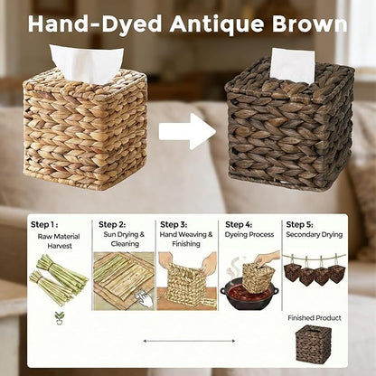 Tissue Box Cover, Square Wicker Tissue Box Holder Facial Tissues Boxes, Hand Woven Napkin Box Tissue Holder for Bathroom Bedroom Office Table Desk Night Stand, Boho Decorative, Brown