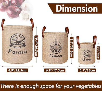 Kamehame Potato and Onion Storage Baskets Pack of 3, Lined Burlap Pantry Storage Bins for Potato Onion Garlic with Handles