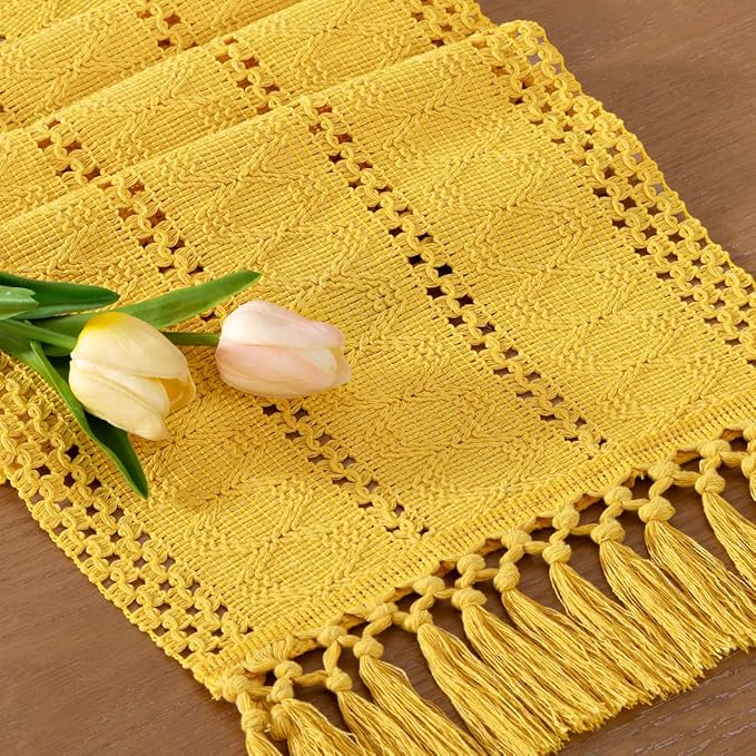 Socomi Boho Table Runner Valentine's Day Farmhouse Rustic Dining Kitchen Centerpiece Decor Small Macrame Woven Cotton Linen Coffee Table Runner for Dresser Scarf Home Decor 12x48 in Yellow Gold
