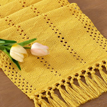 Socomi Boho Table Runner Valentine's Day Farmhouse Rustic Dining Kitchen Centerpiece Decor Small Macrame Woven Cotton Linen Coffee Table Runner for Dresser Scarf Home Decor 12x48 in Yellow Gold