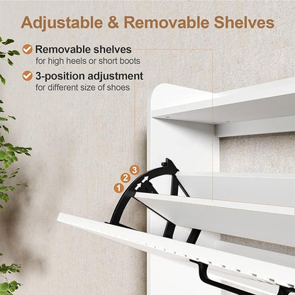 HIFYOBRO Fluted Shoe Cabinet with 2 Flip Drawers, Hidden Shoes Storage Cabinet, Modern Shoe Rack Organizer, Freestanding Narrow Shoes Organizer for Hallway, Entryway (White)