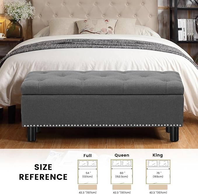Furniliving Storage Bench, Upholstered Linen Ottoman Bench with Button-Tufted, Folding Bedroom Bench with Wood Legs, Entryway Bench for Bedroom, Grey