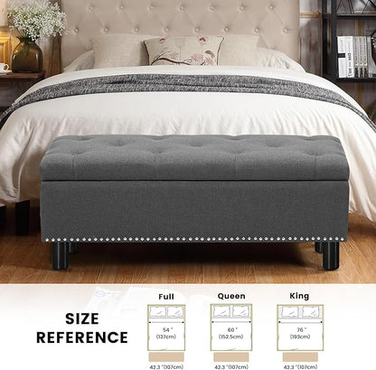 Furniliving Storage Bench, Upholstered Linen Ottoman Bench with Button-Tufted, Folding Bedroom Bench with Wood Legs, Entryway Bench for Bedroom, Grey