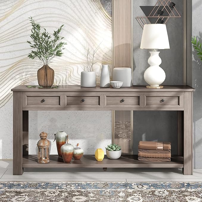 LKTART Solid Wood Console Table,Long Sofa Table Entryway Table with 4 Drawers and Bottom Shelf for Hallway Living Room Couch Table,Easy Assembled (63" Gray Wash)